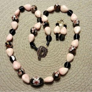 Single strand, cloisonné, and pink bead necklace with earrings.